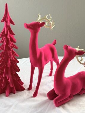 Holiday Velvet Pink Reindeer Figurines with Gold Antlers and Christmas tree